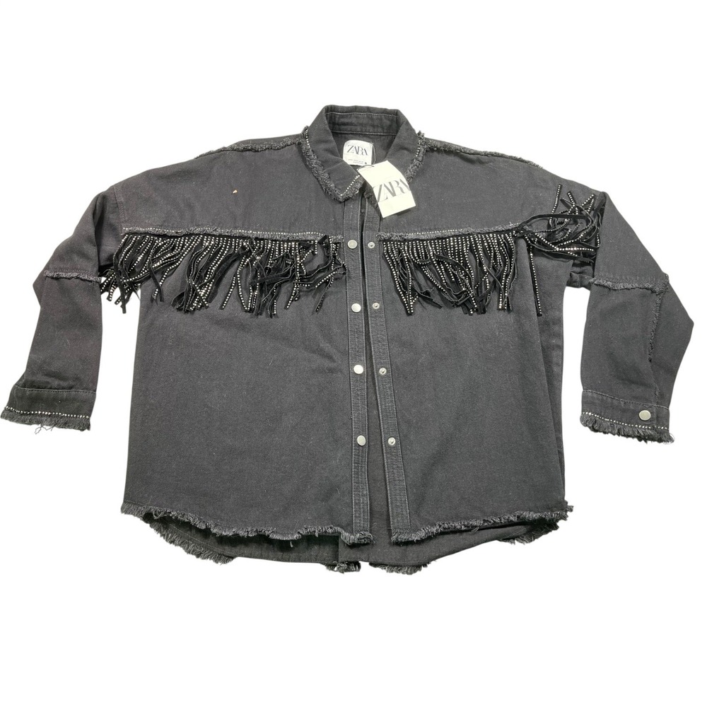 Zara NWT Rhinestone Fringe Denim Shacket Jacket Black Women's Medium Western